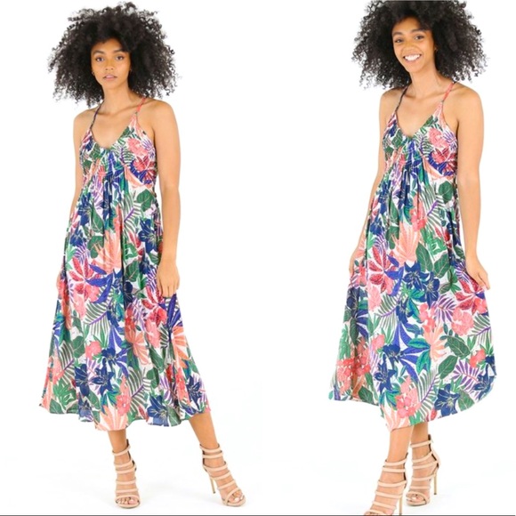 Open Back Tropical Floral Boho Maxi Midi Dress - Picture 2 of 3